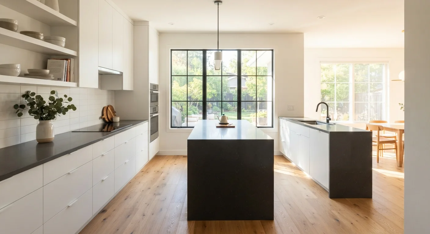 A spotless, newly remodeled kitchen with clean lines, white cabinets, and pristine surrounding surfaces showing zero construction debris.
